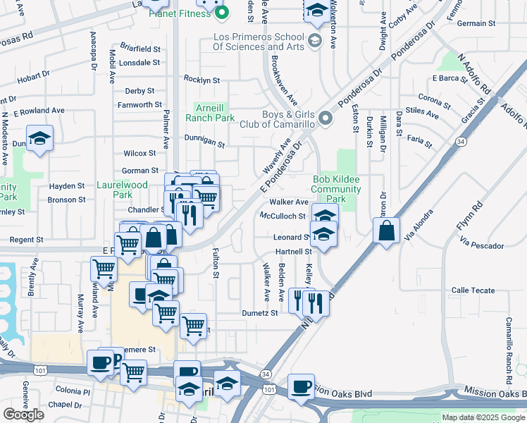 map of restaurants, bars, coffee shops, grocery stores, and more near 2725 McCulloch Street in Camarillo