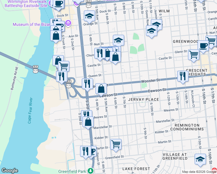map of restaurants, bars, coffee shops, grocery stores, and more near 508 Wooster Street in Wilmington
