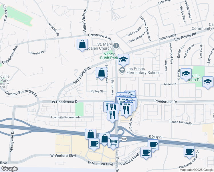 map of restaurants, bars, coffee shops, grocery stores, and more near Bradford Avenue & Tree Fern Court in Camarillo