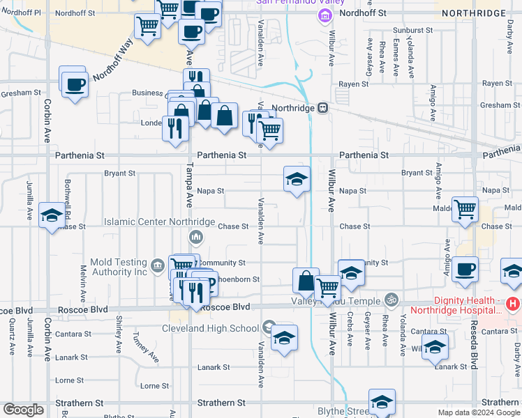 map of restaurants, bars, coffee shops, grocery stores, and more near 8528 Vanalden Avenue in Los Angeles