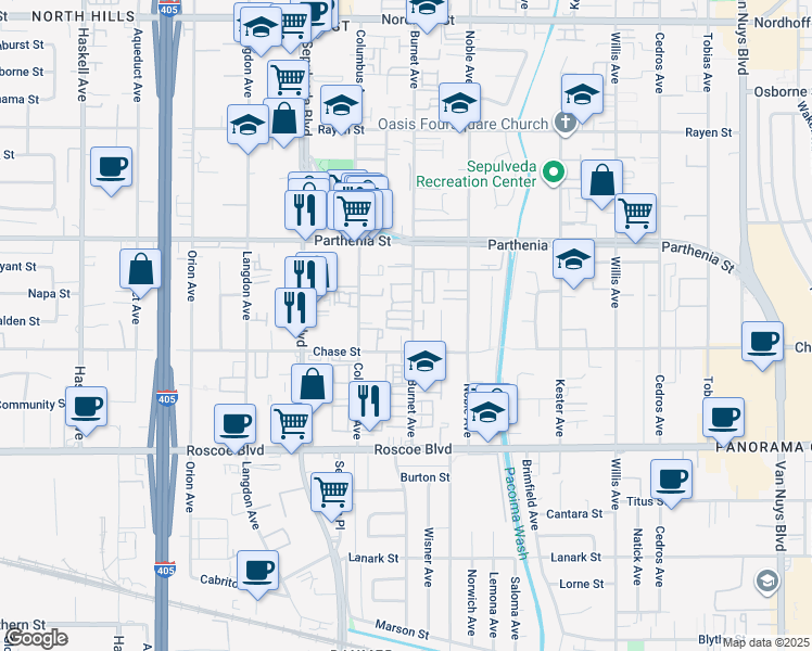 map of restaurants, bars, coffee shops, grocery stores, and more near 8527 Burnet Avenue in Los Angeles