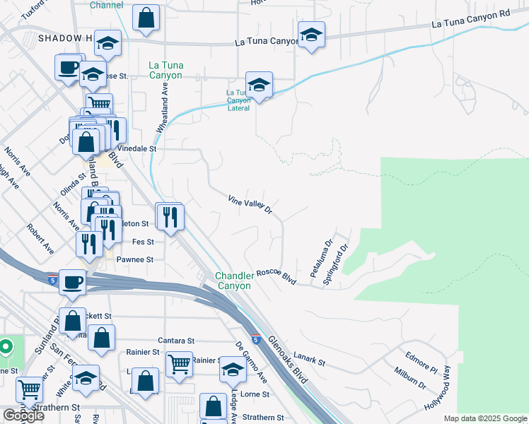 map of restaurants, bars, coffee shops, grocery stores, and more near 8535 Vine Valley Drive in Los Angeles