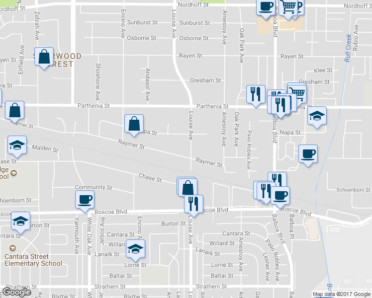 map of restaurants, bars, coffee shops, grocery stores, and more near 8515 Louise Avenue in Los Angeles