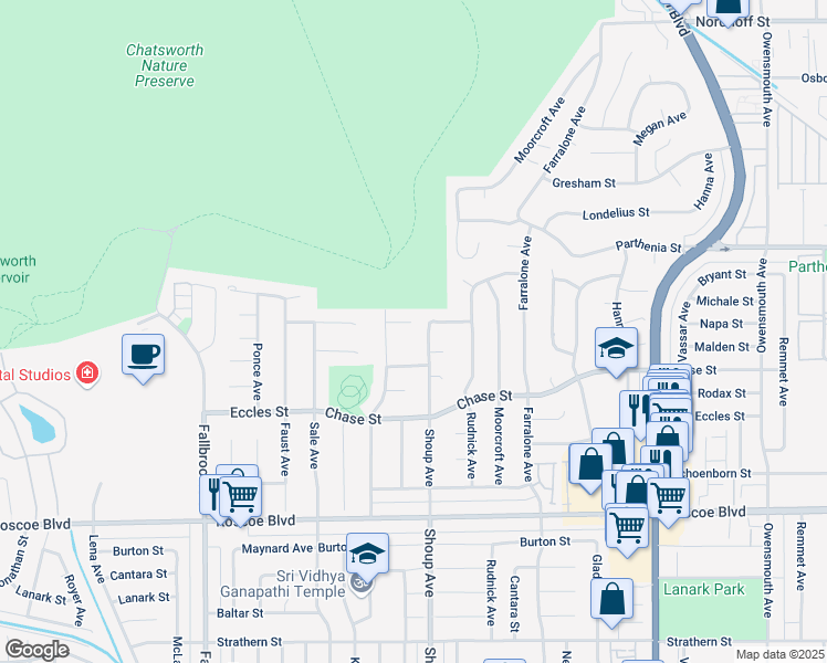 map of restaurants, bars, coffee shops, grocery stores, and more near 22430 Michale Street in Los Angeles