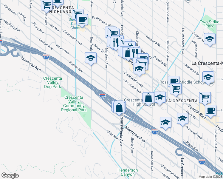 map of restaurants, bars, coffee shops, grocery stores, and more near 3238 Altura Avenue in Glendale