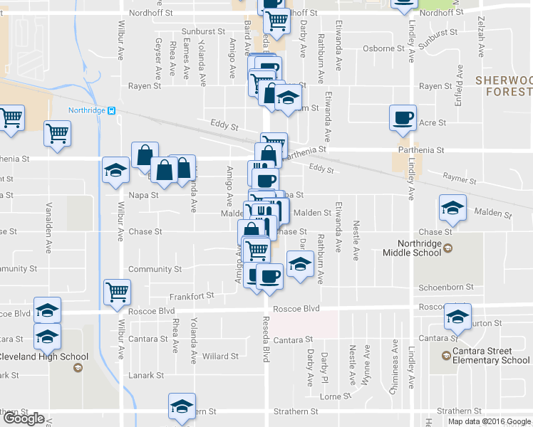 map of restaurants, bars, coffee shops, grocery stores, and more near 8528 Reseda Boulevard in Los Angeles