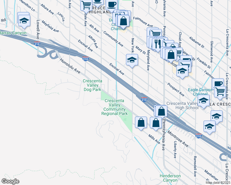map of restaurants, bars, coffee shops, grocery stores, and more near 3502 Montrose Avenue in Glendale