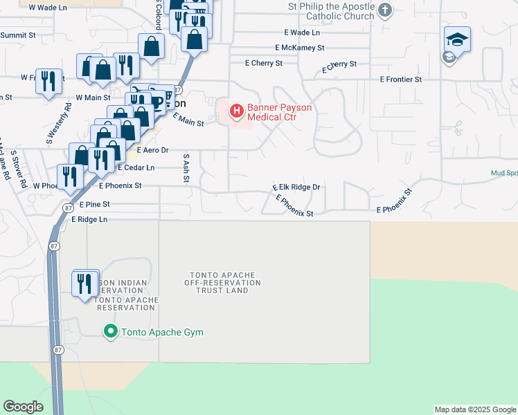 map of restaurants, bars, coffee shops, grocery stores, and more near 1114 South Elk Ridge Drive in Payson