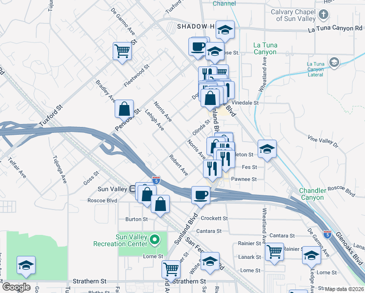 map of restaurants, bars, coffee shops, grocery stores, and more near 8603 Lehigh Avenue in Los Angeles
