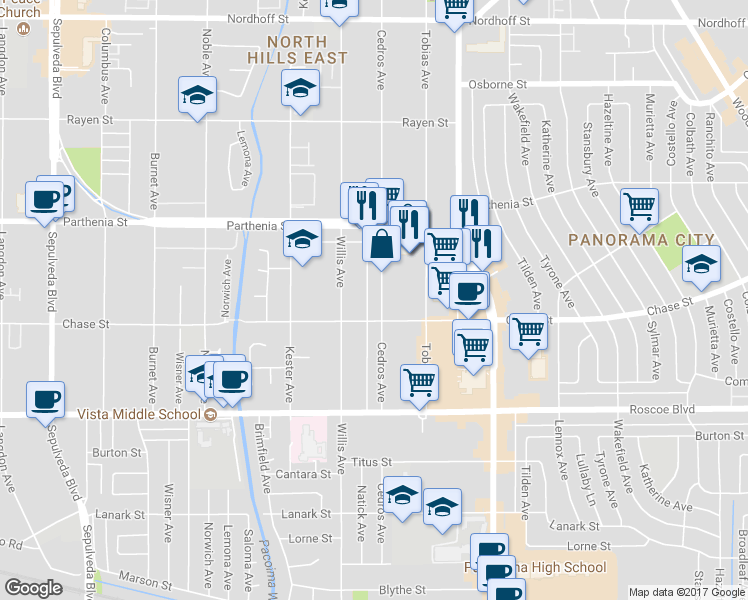 map of restaurants, bars, coffee shops, grocery stores, and more near 8528 Cedros Avenue in Los Angeles