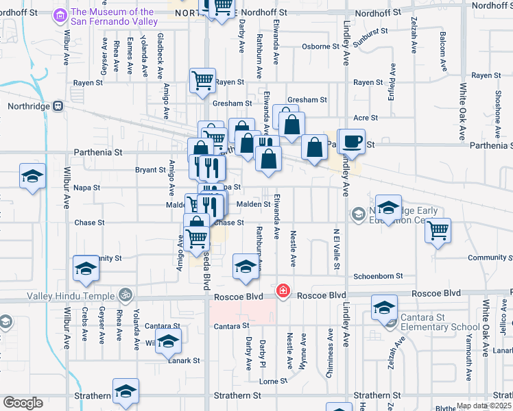 map of restaurants, bars, coffee shops, grocery stores, and more near 18334 Malden Street in Los Angeles