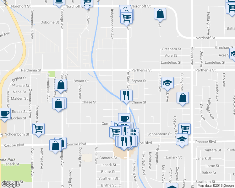 map of restaurants, bars, coffee shops, grocery stores, and more near 8530 Independence Avenue in Los Angeles