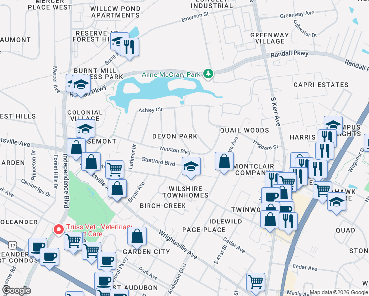map of restaurants, bars, coffee shops, grocery stores, and more near 3619 Winston Blvd in Wilmington