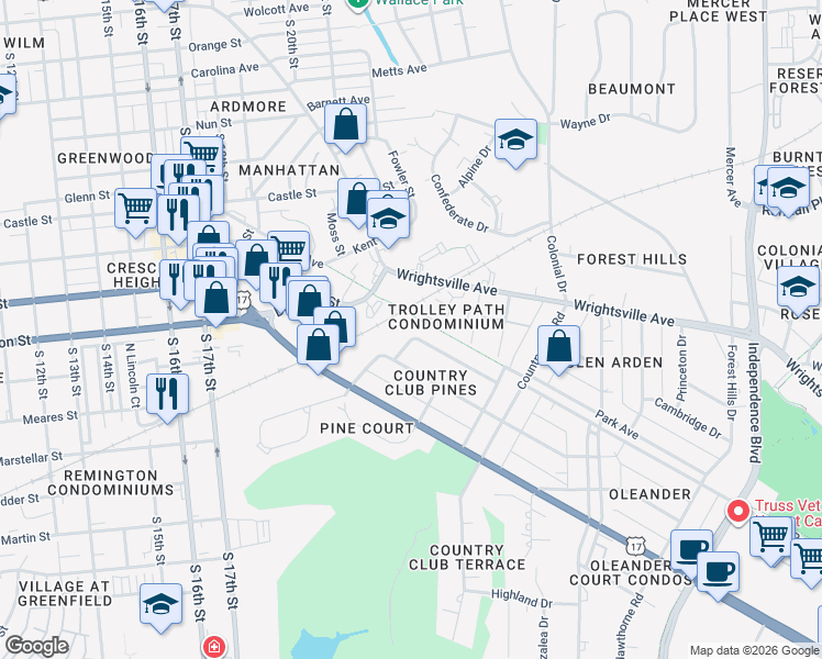 map of restaurants, bars, coffee shops, grocery stores, and more near 2205 Camellia Drive in Wilmington