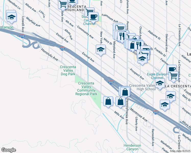 map of restaurants, bars, coffee shops, grocery stores, and more near 3433 Montrose Avenue in Glendale