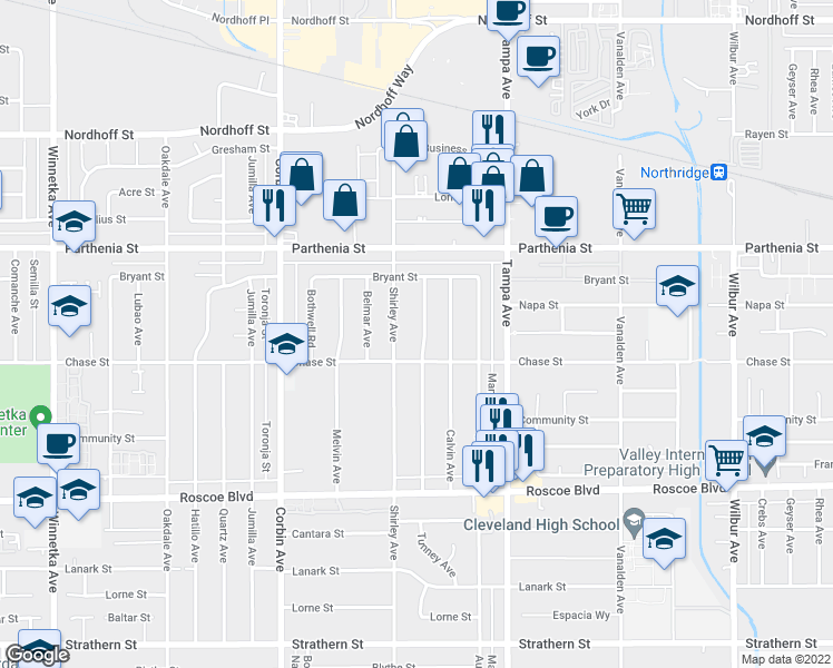 map of restaurants, bars, coffee shops, grocery stores, and more near 8529 Tunney Avenue in Los Angeles