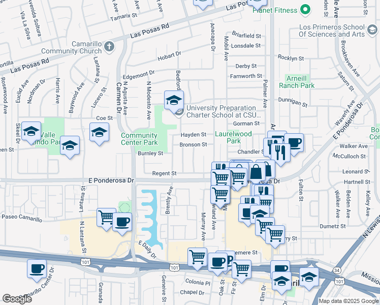map of restaurants, bars, coffee shops, grocery stores, and more near 869 Empress Avenue in Camarillo
