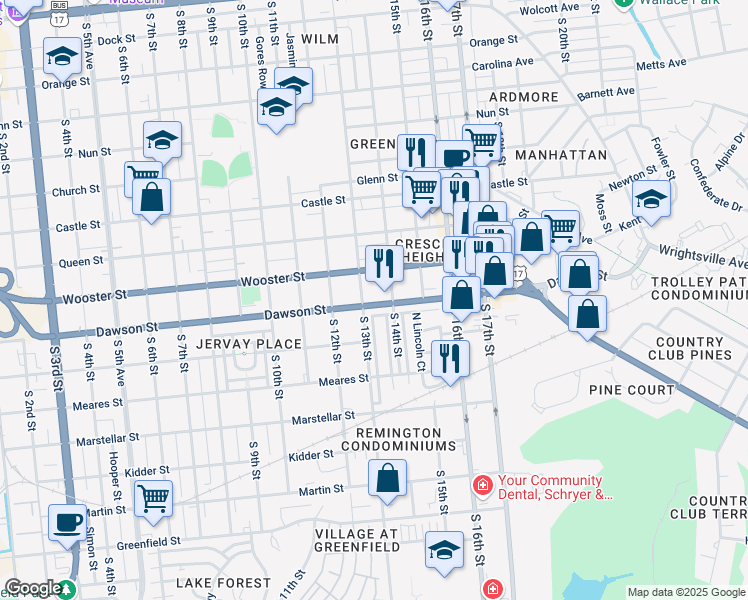 map of restaurants, bars, coffee shops, grocery stores, and more near 1305 Dawson Street in Wilmington