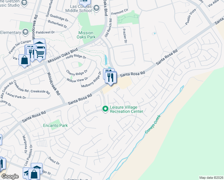 map of restaurants, bars, coffee shops, grocery stores, and more near 15141 Village 15 in Camarillo
