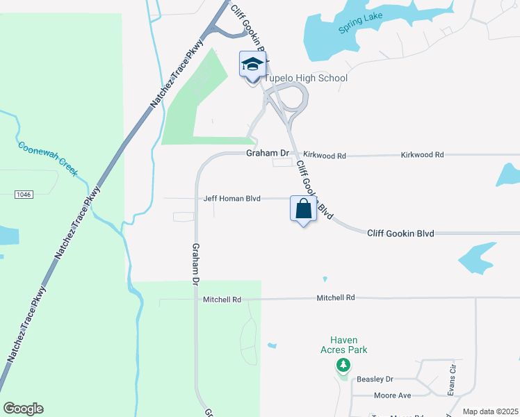 map of restaurants, bars, coffee shops, grocery stores, and more near 3493 Jeff Homan Boulevard in Tupelo