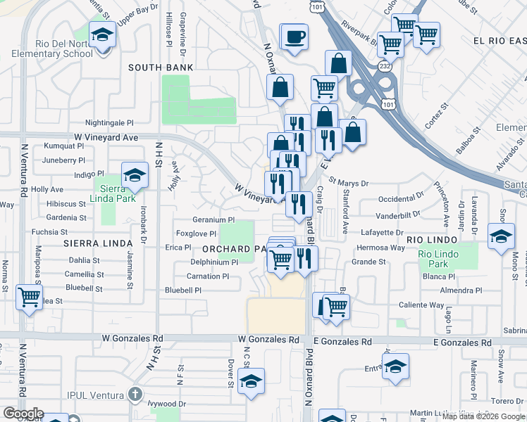 map of restaurants, bars, coffee shops, grocery stores, and more near 246 West Vineyard Avenue in Oxnard