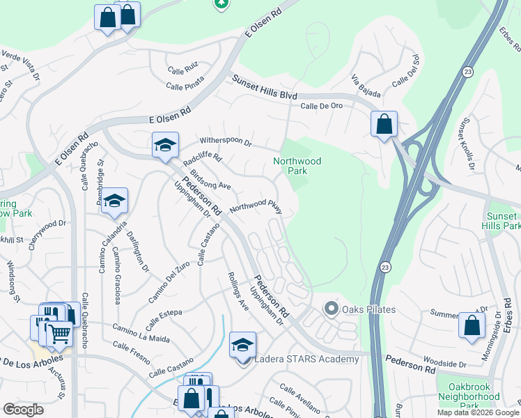 map of restaurants, bars, coffee shops, grocery stores, and more near 3374 Larkhaven Court in Thousand Oaks