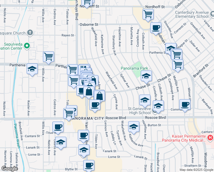 map of restaurants, bars, coffee shops, grocery stores, and more near 8529 Tyrone Avenue in Los Angeles