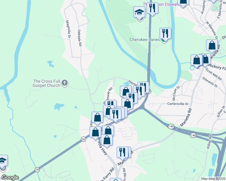 map of restaurants, bars, coffee shops, grocery stores, and more near 170 Ridgeway Road in Canton