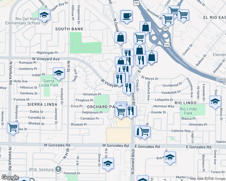 map of restaurants, bars, coffee shops, grocery stores, and more near 246 West Vineyard Avenue in Oxnard