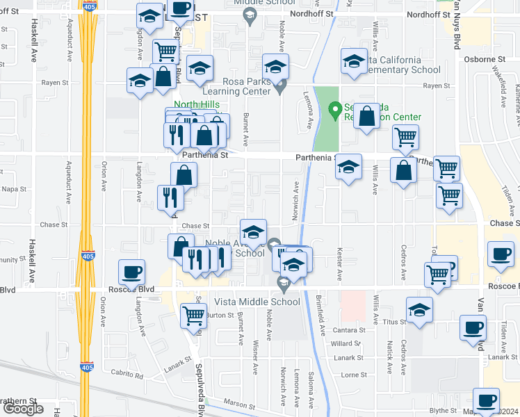 map of restaurants, bars, coffee shops, grocery stores, and more near 8531 Wisner Avenue in Los Angeles