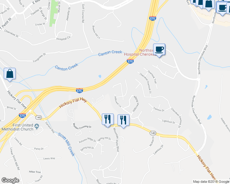 map of restaurants, bars, coffee shops, grocery stores, and more near 322 Hillcrest Lane in Canton