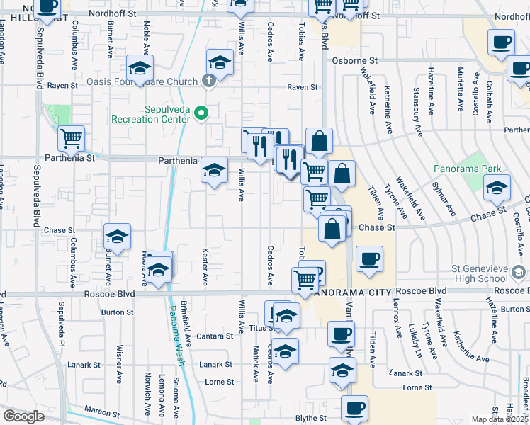 map of restaurants, bars, coffee shops, grocery stores, and more near 8528 Cedros Avenue in Los Angeles