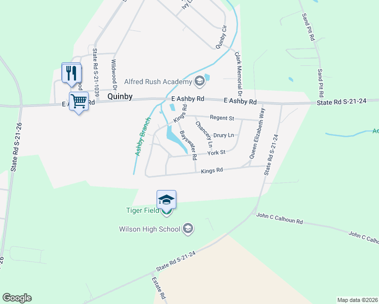 map of restaurants, bars, coffee shops, grocery stores, and more near 13 Bayswater Road in Quinby