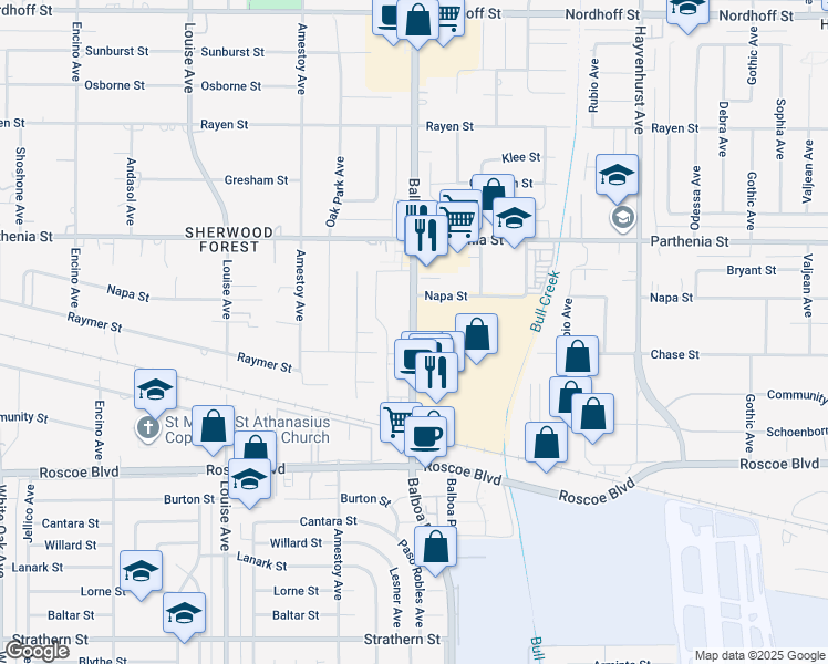 map of restaurants, bars, coffee shops, grocery stores, and more near 8550 Balboa Boulevard in Los Angeles