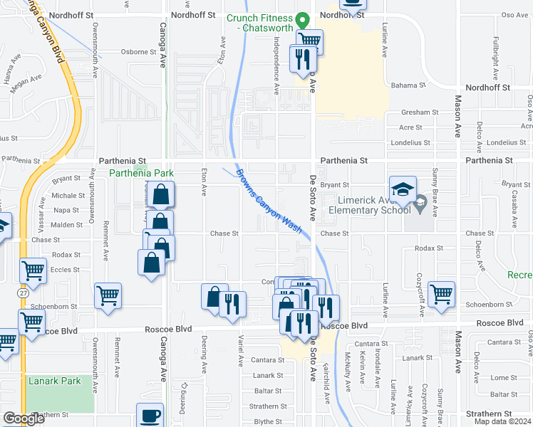 map of restaurants, bars, coffee shops, grocery stores, and more near 8526 Morningstar Lane in Los Angeles