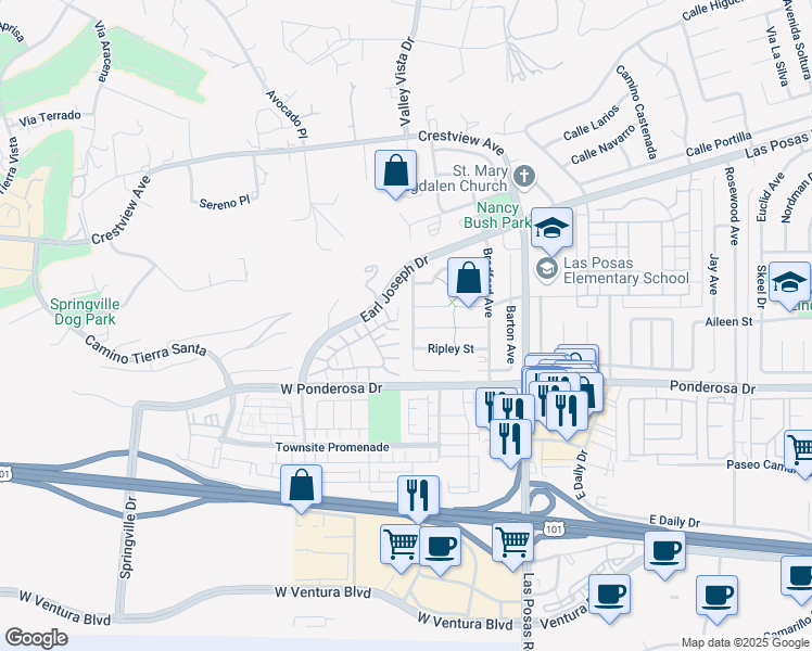 map of restaurants, bars, coffee shops, grocery stores, and more near 855 Green Lawn Avenue in Camarillo
