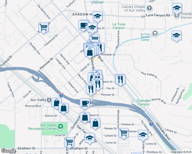 map of restaurants, bars, coffee shops, grocery stores, and more near 8517 Terhune Avenue in Los Angeles