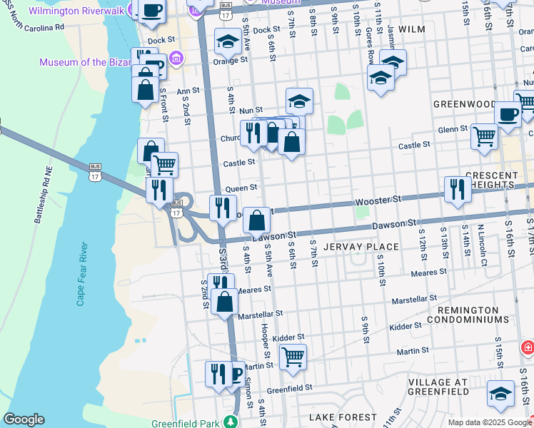 map of restaurants, bars, coffee shops, grocery stores, and more near 809 South 5th Avenue in Wilmington