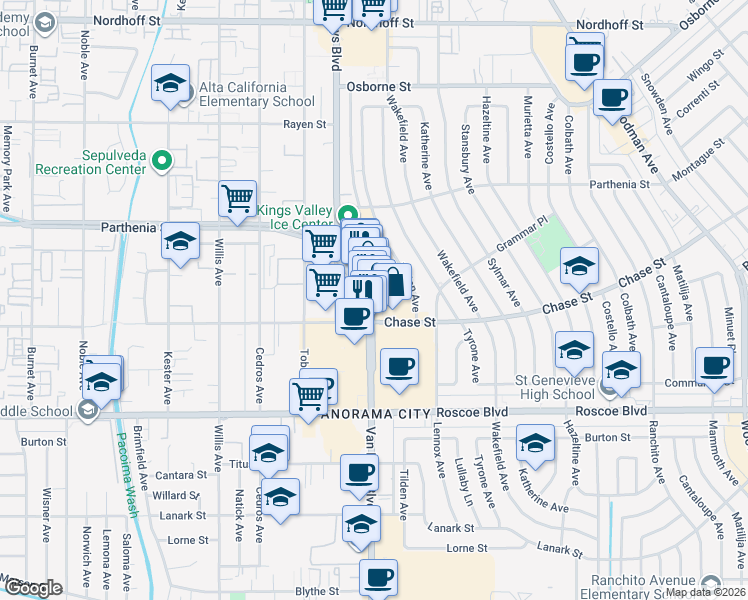 map of restaurants, bars, coffee shops, grocery stores, and more near 8526 Van Nuys Boulevard in Los Angeles
