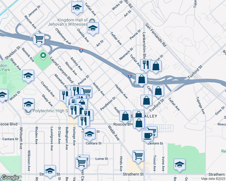 map of restaurants, bars, coffee shops, grocery stores, and more near 11922 Rialto Street in Los Angeles