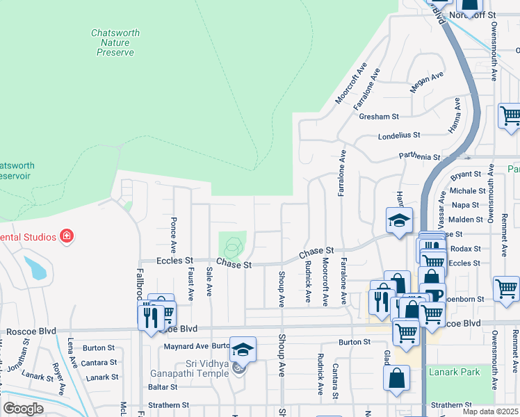 map of restaurants, bars, coffee shops, grocery stores, and more near 22430 Michale Street in Los Angeles