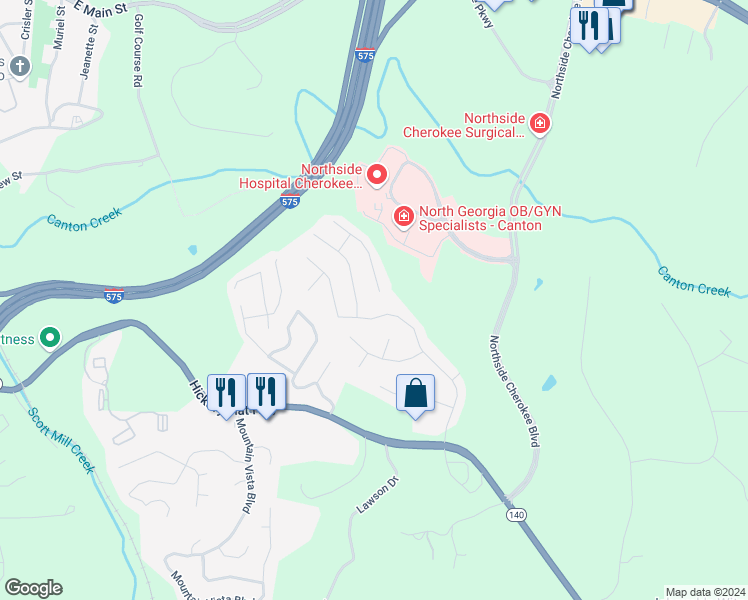map of restaurants, bars, coffee shops, grocery stores, and more near 834 Overlook Trail in Canton