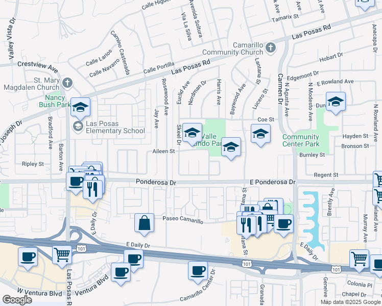 map of restaurants, bars, coffee shops, grocery stores, and more near 768 Aileen Street in Camarillo