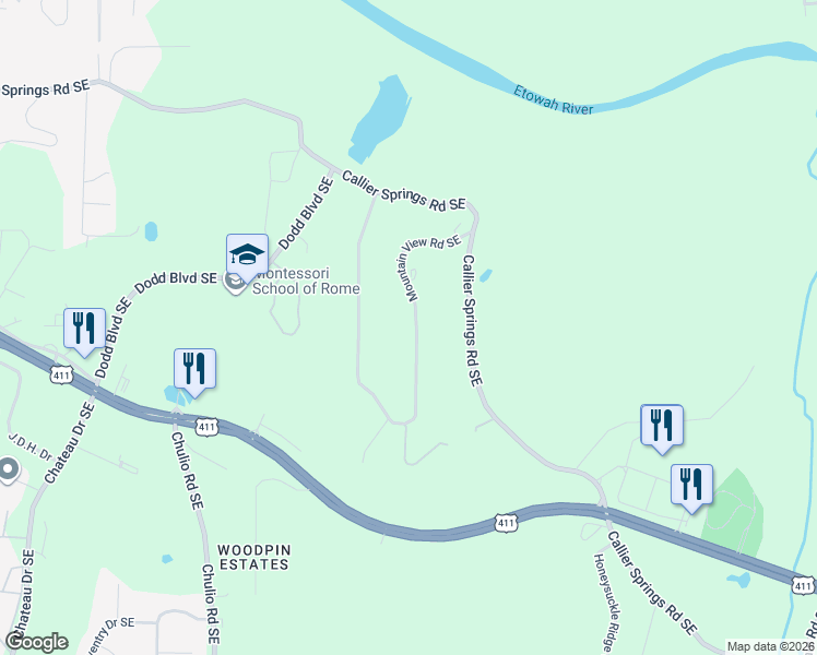 map of restaurants, bars, coffee shops, grocery stores, and more near 433 Mountain View Road Southeast in Rome