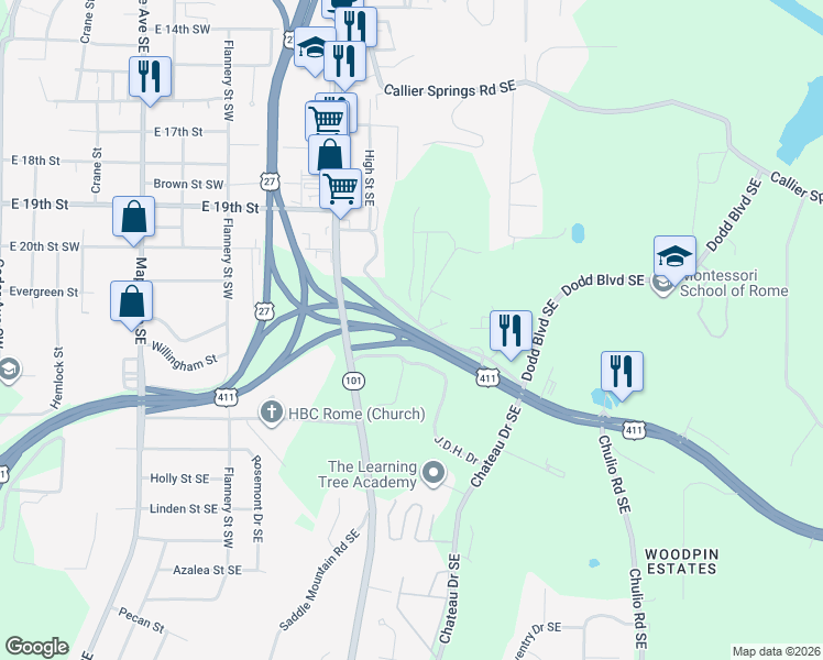 map of restaurants, bars, coffee shops, grocery stores, and more near 2 Pinehurst Drive Southeast in Rome