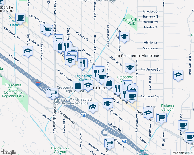 map of restaurants, bars, coffee shops, grocery stores, and more near 2867 Foothill Boulevard in La Crescenta-Montrose