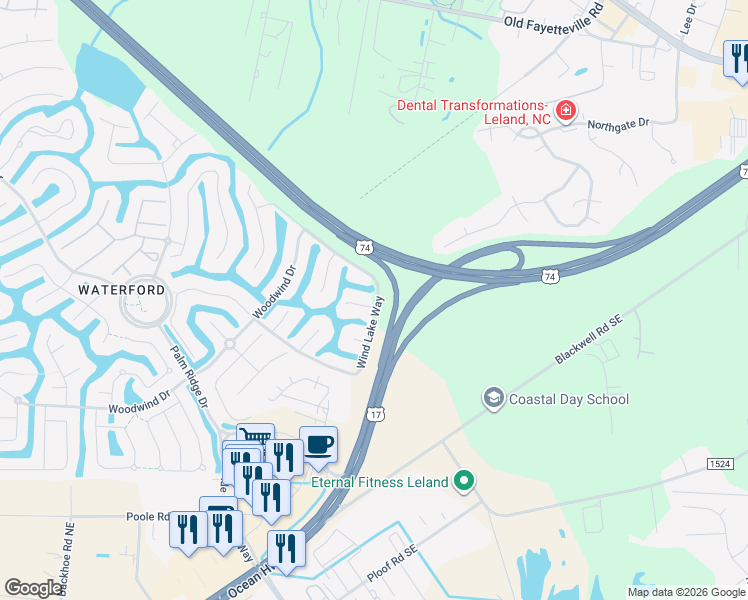 map of restaurants, bars, coffee shops, grocery stores, and more near Ocean Highway East in Leland