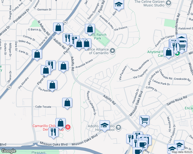 map of restaurants, bars, coffee shops, grocery stores, and more near 135 Tranquila Drive in Camarillo