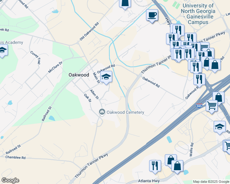 map of restaurants, bars, coffee shops, grocery stores, and more near 4500 Allen Street in Oakwood