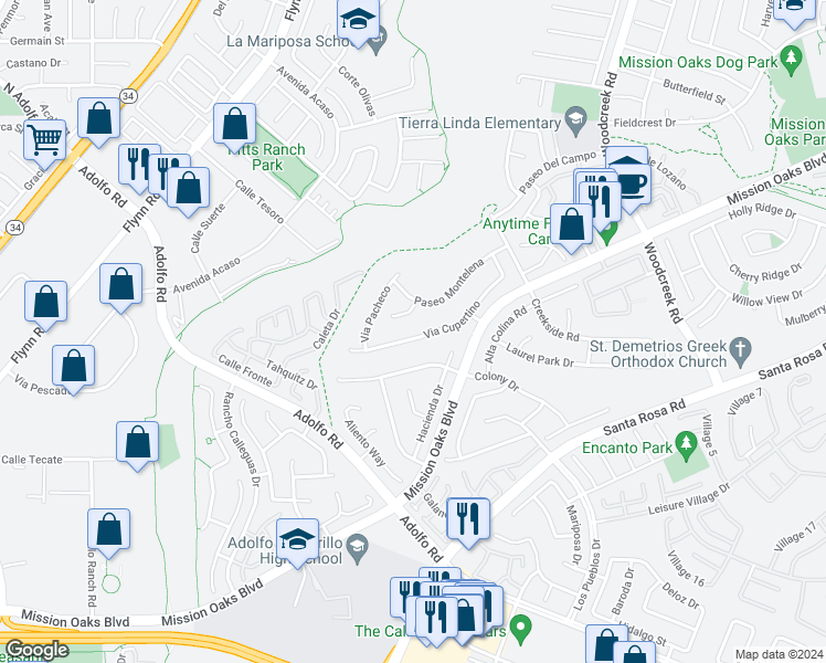 map of restaurants, bars, coffee shops, grocery stores, and more near 4841 Via Cupertino in Camarillo